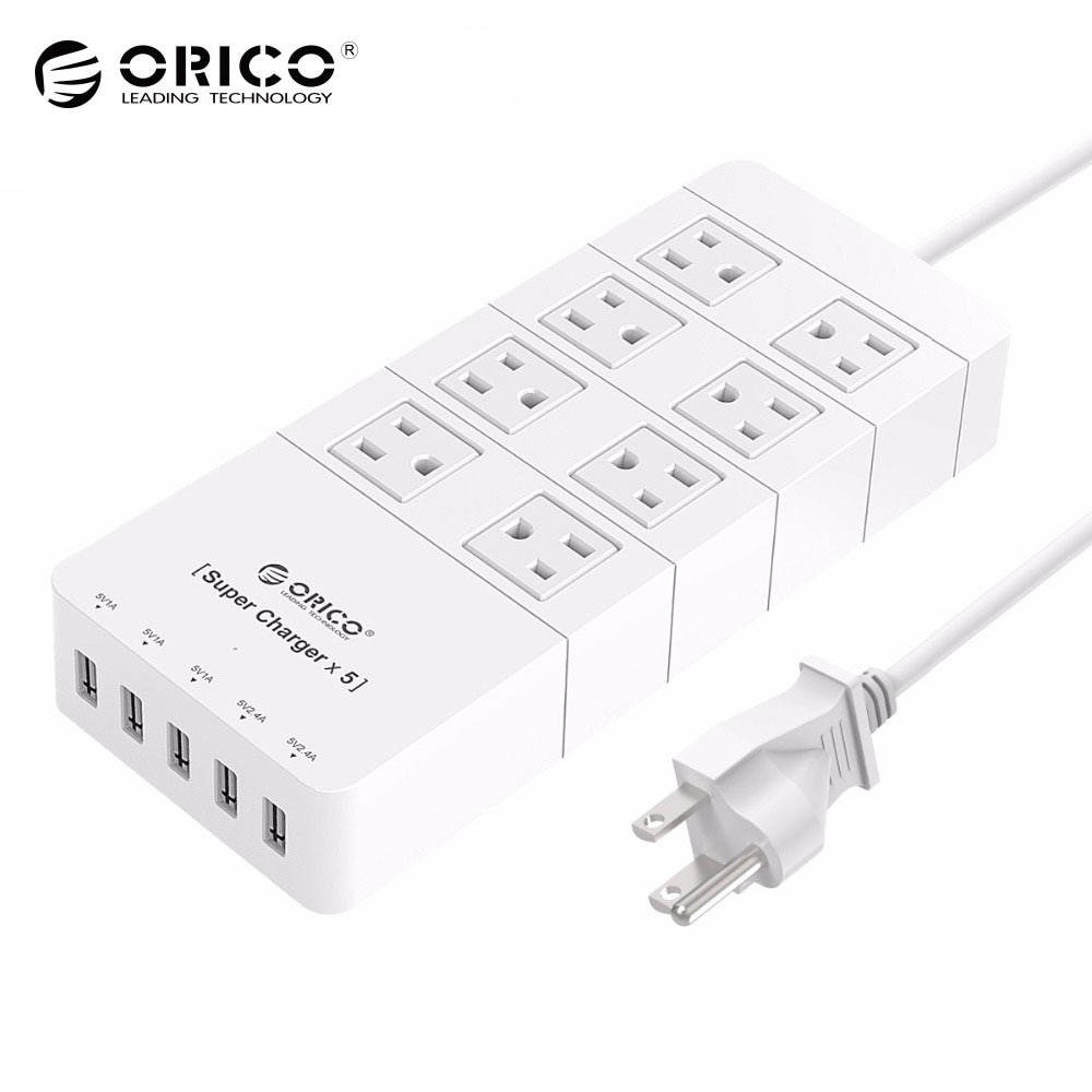 ORICO HPC-8A5U-US-WH家庭尺寸8出口電湧保護器電源板，帶5端口40W USB充電器FO