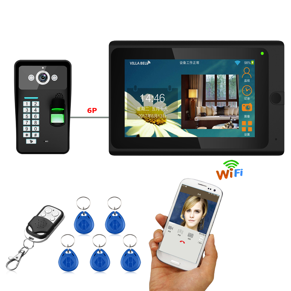 Mountainone 7英寸一到一條有線無線WiFi指紋RFID密碼視頻門電話門底