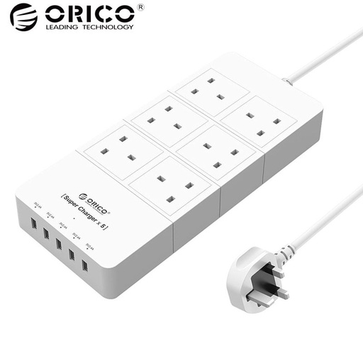 [32462818015-HK] ORICO HPC-6A5U-UK-WH家庭辦公室英國插件USB旅行充電器適配器，帶有6個插座電動條激增