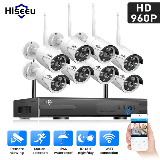 [32803045623-HK] HISEEU 8CH 960P無線閉路電視系統WiFi NVR套件防水IP攝像頭戶外家庭安全系統
