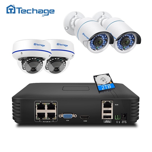 [32809544479-HK] Techage 4CH 1080P POE NVR CCTV安全系統1080P 2MP IR室外圓頂室內POE IP攝像機P2P VI