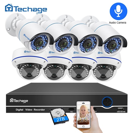 [32811522267-HK] Techage 8CH 1080P POE NVR音頻記錄CCTV安全系統2MP室內室外圓頂POE IP攝像頭IR