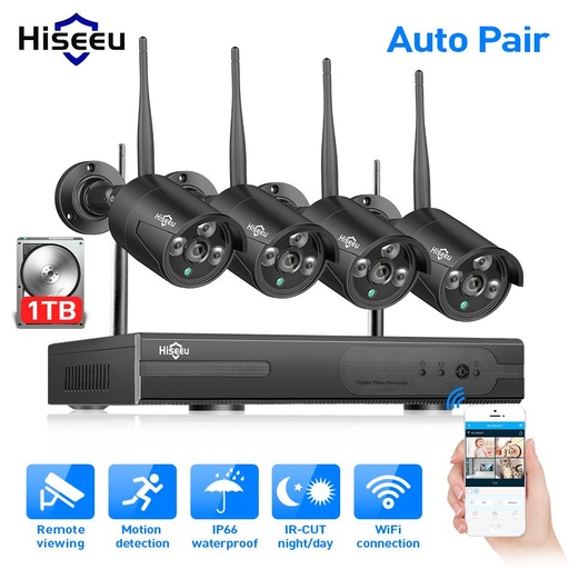 [32812860189-HK] Hiseeu Wireless NVR 1080P高清戶外家庭安全攝像機系統4CH CCTV視頻監視NVR套件