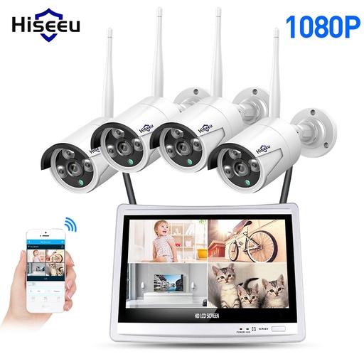 [32846380006-HK] HISEEU 4CH 1080P無線NVR套件12'LCD顯示高清戶外安全2MP IP攝像機視頻監視