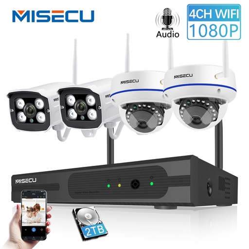 [32863830658-HK] MISECU無線4CH CCTV系統WiFi NVR套件IP攝像頭音頻記錄室外室內vandalproof Dome