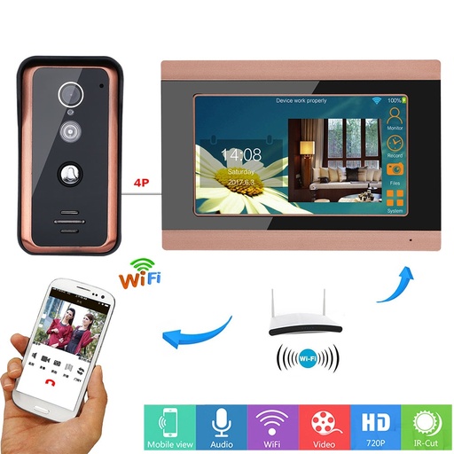 [32913111918-HK] 7英寸有線Wired Vifi視頻門電話門鈴對講系統帶有1000TVL有線IR-CUT相機n