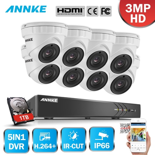 [32917434147-HK] Annke 8CH 3MP CCTV系統FHD TVI DVR 8PCS 2048*1536 TVI安全圓頂攝像頭室外CCTV相機HO